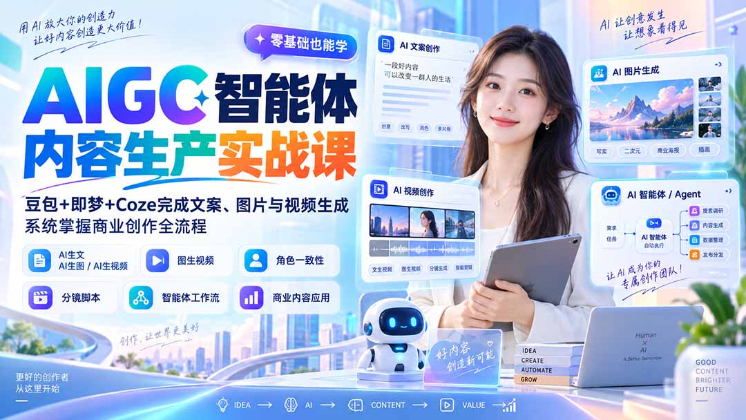 （20372期）AIGC智能体内容生产实战课：豆包+即梦+Coze完成文案、图片与视频生成，系统掌握商业创作全流程|无忧资源社