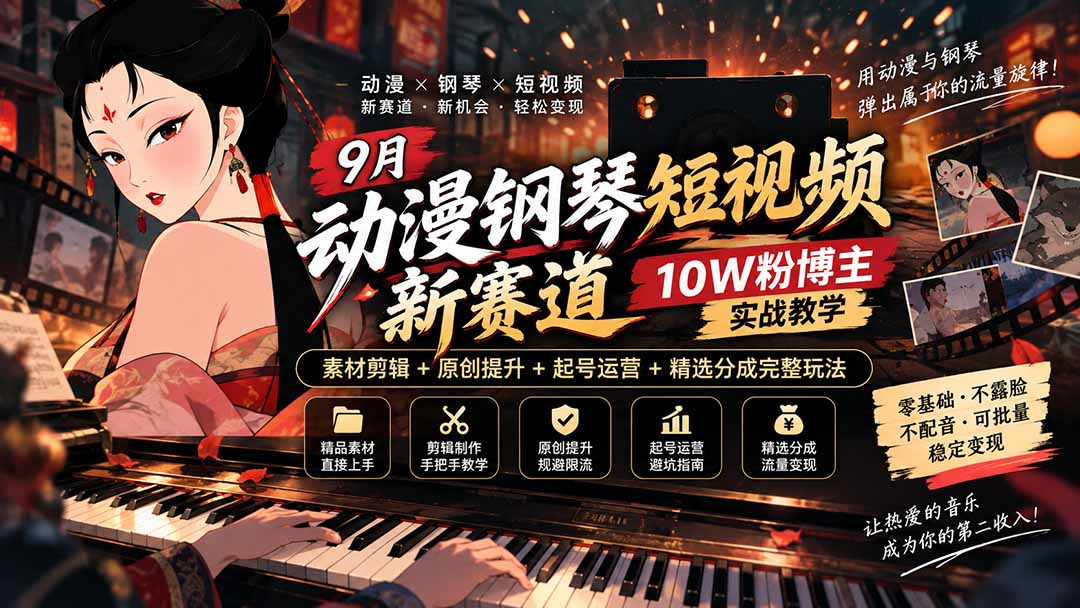 （20506期）9月动漫钢琴短视频新赛道｜10W粉博主实战教学，素材剪辑+原创提升+起号运营+精选分成完整玩法|无忧资源社