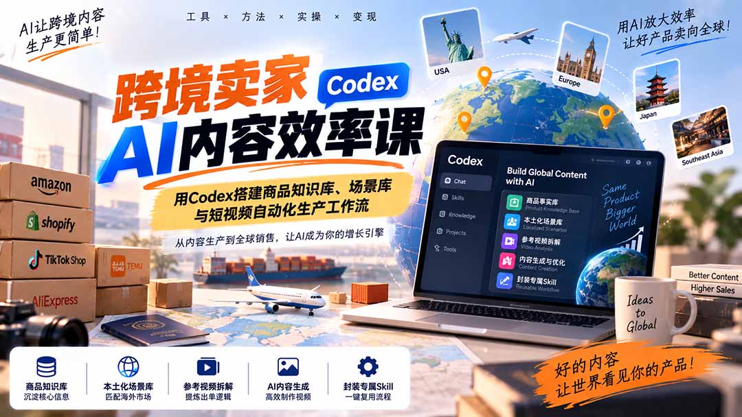 （20595期）跨境卖家AI内容效率课：用Codex搭建商品知识库、场景库与短视频自动化生产工作流|无忧资源社