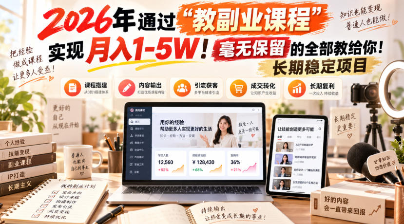 （20468期）2026年通过“教副业课程”实现月入1-5W！毫无保留的全部教给你！长期稳定项目|无忧资源社