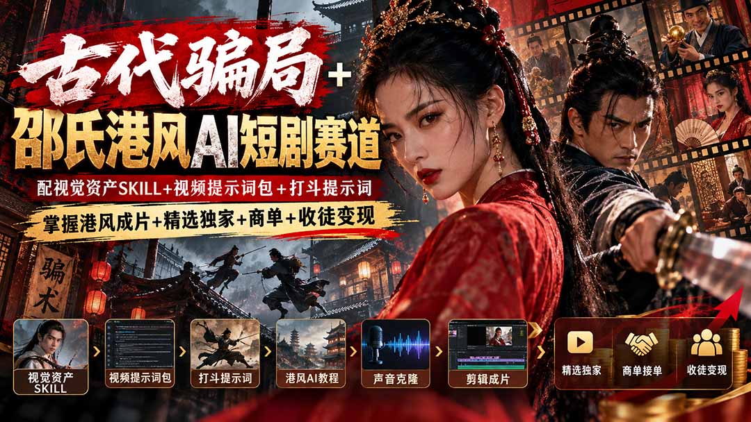 （20684期）古代骗局+邵氏港风AI短剧赛道：配视觉资产SKILL+视频提示词包+打斗提示词，掌握港风成片+精选独家+商单+收徒变现|无忧资源社