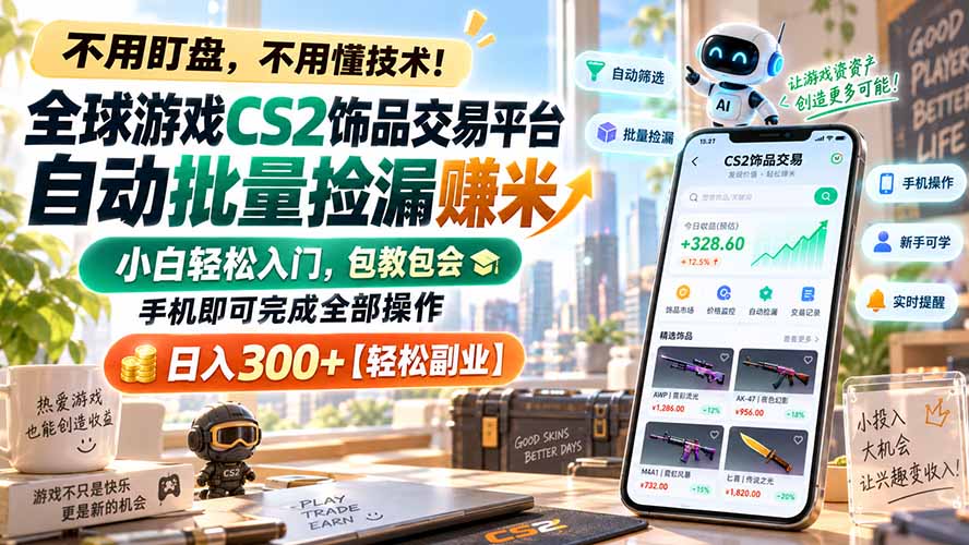 （20454期）全球游戏CS2饰品交易平台自动批量捡漏赚米，小白轻松入门，包教包会，手机即可完成全部操作，日入300+【轻松副业】|无忧资源社