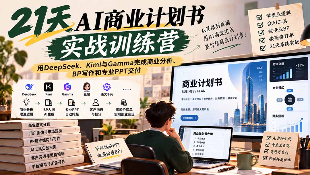 （20637期）【无水印】21天AI商业计划书实战训练营：用DeepSeek、Kimi与Gamma完成商业分析、BP写作和专业PPT交付|无忧资源社