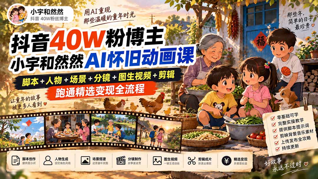 （20549期）抖音40W粉博主小宇和然然AI怀旧动画课｜脚本+人物+场景+分镜+图生视频+剪辑，跑通精选变现全流程|无忧资源社