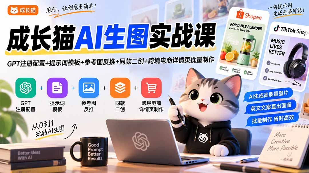 （20482期）成长猫AI生图实战课｜GPT注册配置+提示词模板+参考图反推+同款二创+跨境电商详情页批量制作|无忧资源社