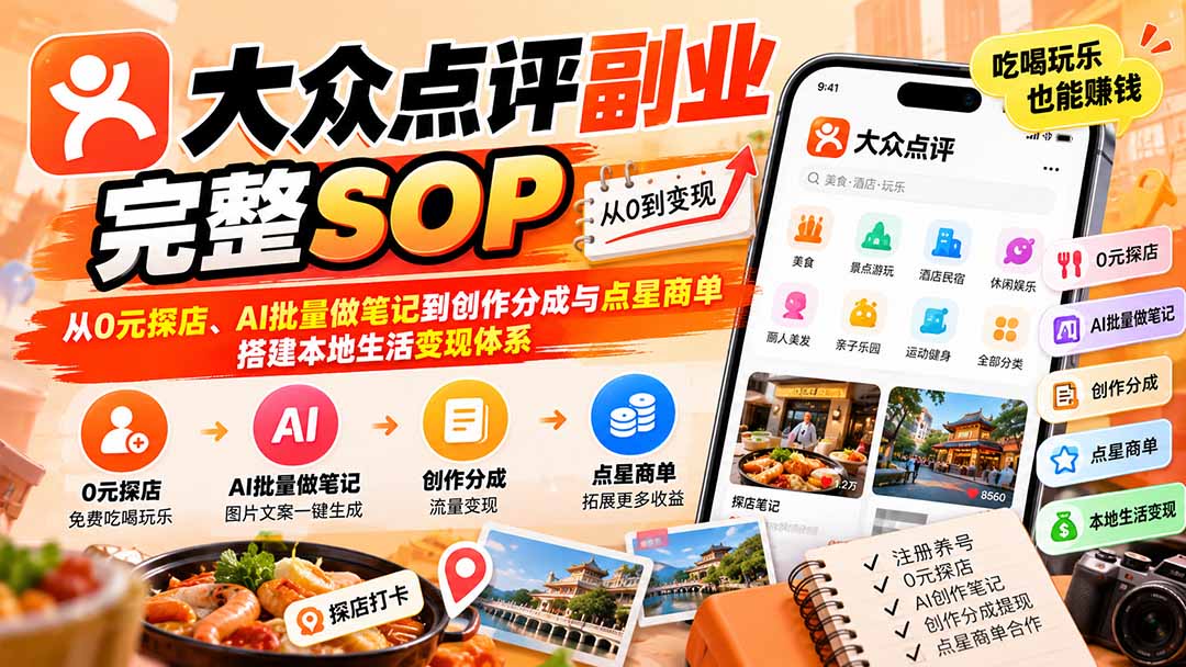 （20638期）【无水印】大众点评副业完整SOP：从0元探店、AI批量做笔记到创作分成与点星商单，搭建本地生活变现体系|无忧资源社