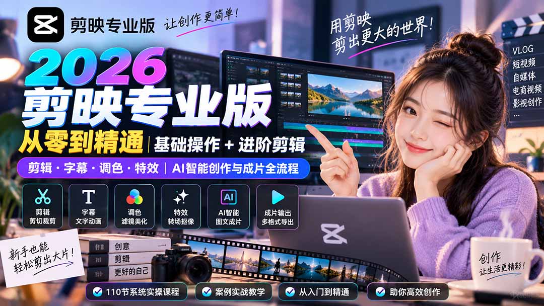 （20276期）2026剪映专业版从零到精通｜基础操作+进阶剪辑｜剪辑·字幕·调色·特效｜AI智能创作与成片全流程|无忧资源社
