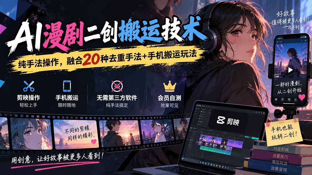 （20551期）AI漫剧二创搬运技术，纯手法操作，融合20种去重手法++手机搬运玩法|无忧资源社
