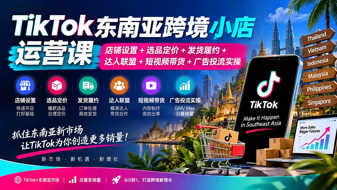 （20483期）TikTok东南亚跨境小店运营课：店铺设置+选品定价+发货履约+达人联盟+短视频带货+广告投流实操|无忧资源社