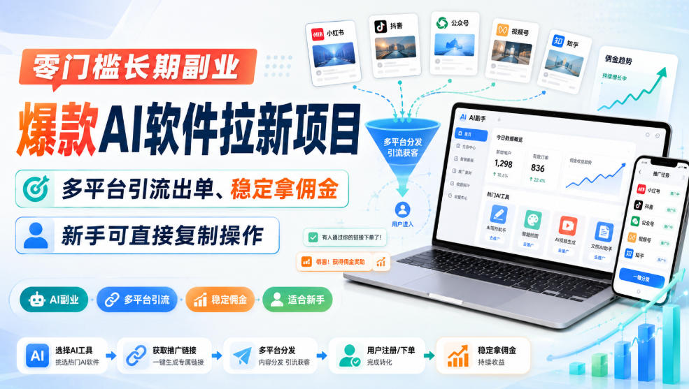零门槛长期副业，爆款AI软件拉新项目，多平台引流出单、稳定拿佣金，新手可直接复制操作|无忧资源社