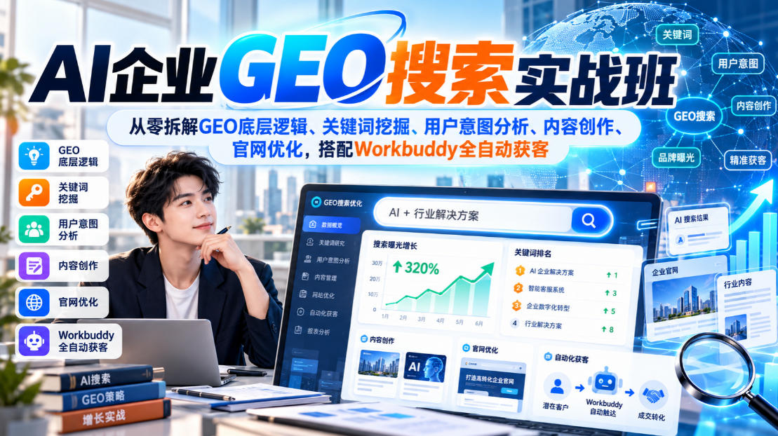 AI企业GEO搜索实战班，从零拆解GEO底层逻辑、关键词挖掘、用户意图分析、内容创作、官网优化，搭配Workbuddy全自动获客|无忧资源社