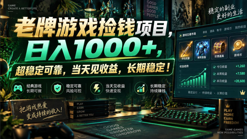 老牌游戏捡钱项目，日入1000+，超稳定可靠，当天见收益，长期稳定！【揭秘】|无忧资源社