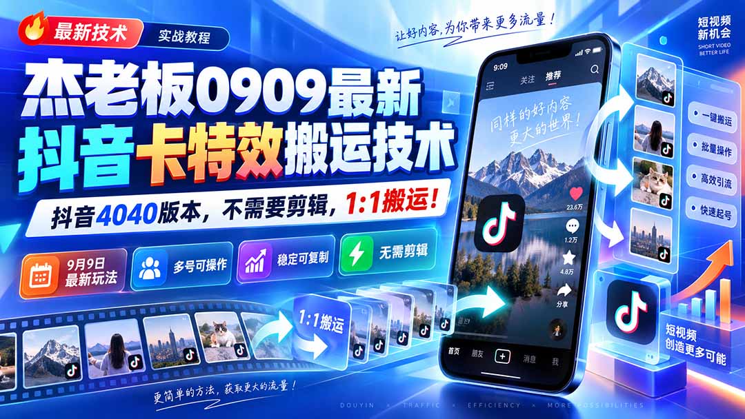 （20369期）杰老板0909最新抖音卡特效搬运技术，抖音4040版本，不需要剪辑，1:1搬运！|无忧资源社