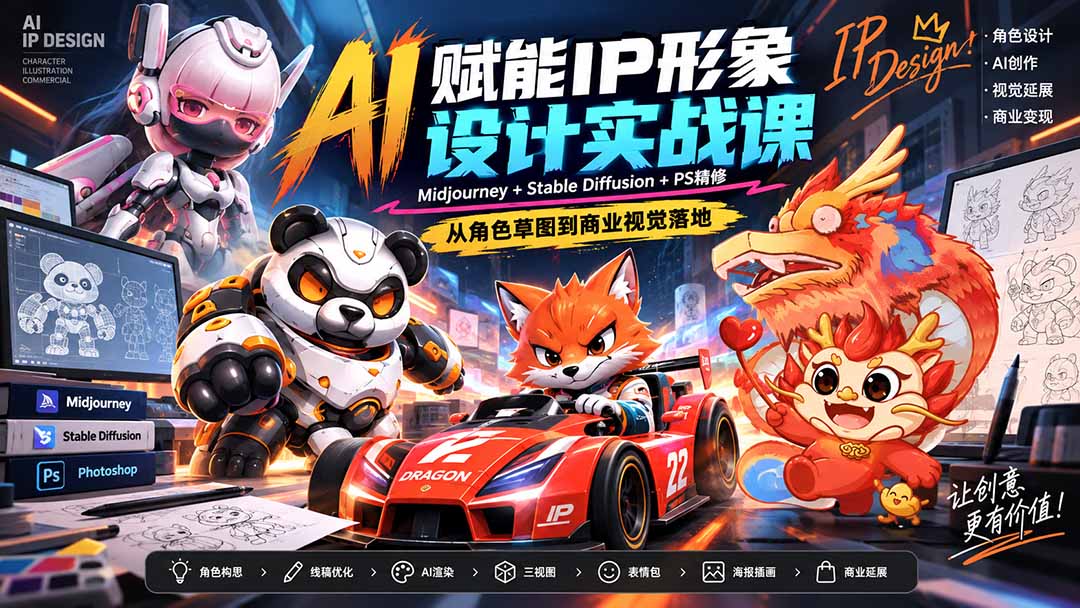 （20552期）AI赋能IP形象设计实战课-无水印：Midjourney+Stable Diffusion+PS精修，从角色草图到商业视觉落地|无忧资源社