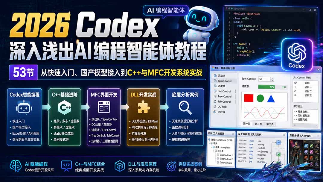 （20221期）2026 Codex深入浅出AI编程智能体教程：53节从快速入门、国产模型接入到C++与MFC开发系统实战|无忧资源社