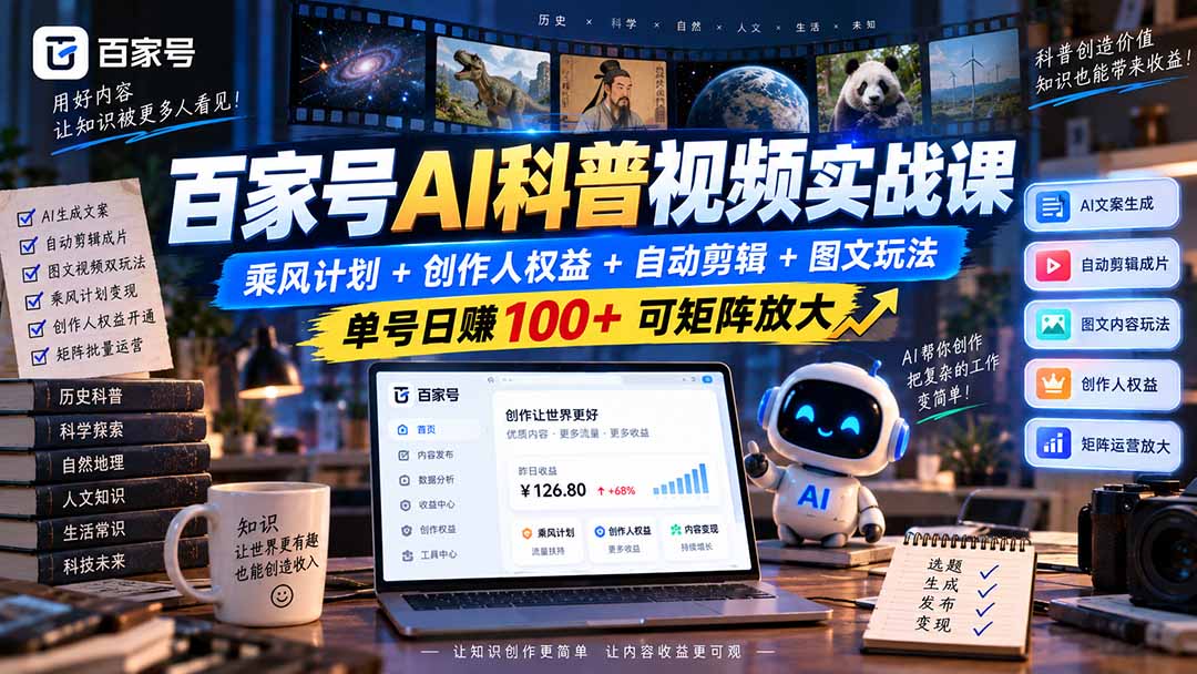 （20579期）百家号AI科普视频实战课：乘风计划+创作人权益+自动剪辑+图文玩法，单号日赚100+可矩阵放大|无忧资源社