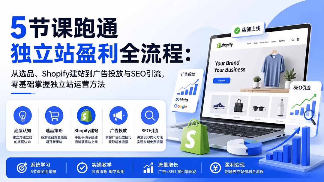 （20316期）5节课跑通独立站盈利全流程：从选品、Shopify建站到广告投放与SEO引流，零基础掌握独立站运营方法|无忧资源社