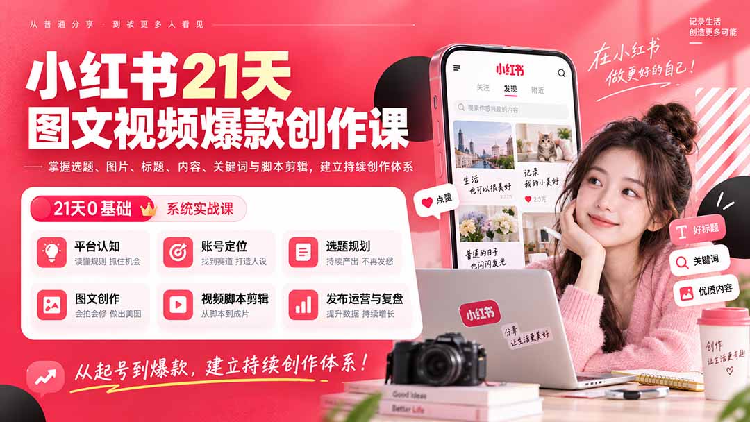 （20341期）小红书21天图文视频爆款创作课：掌握选题、图片、标题、内容、关键词与脚本剪辑，建立持续创作体系|无忧资源社