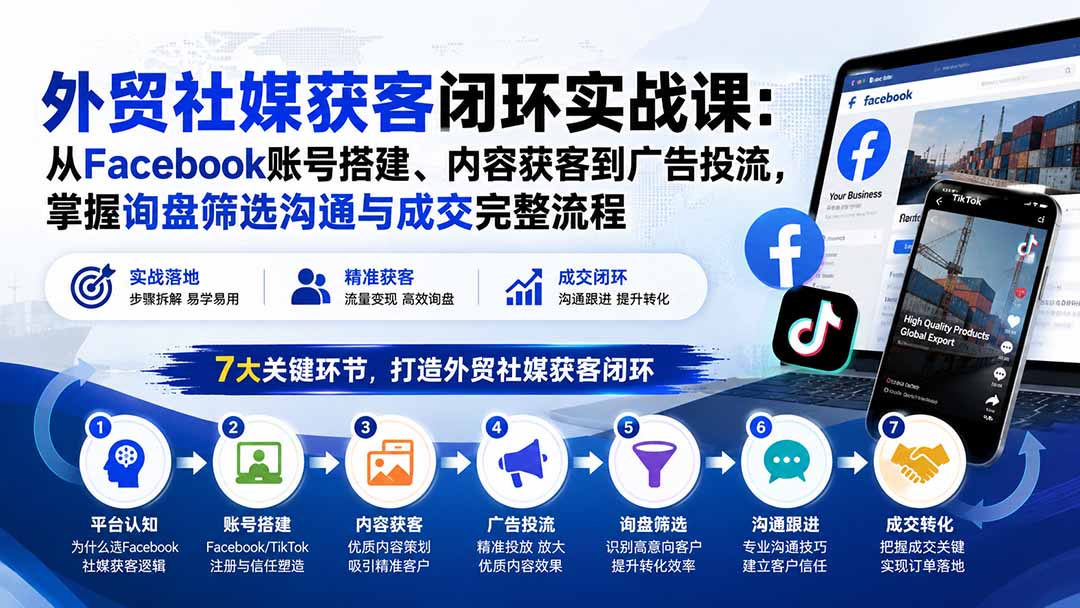 （20318期）外贸社媒获客闭环实战课：从Facebook账号搭建、内容获客到广告投流，掌握询盘筛选沟通与成交完整流程|无忧资源社