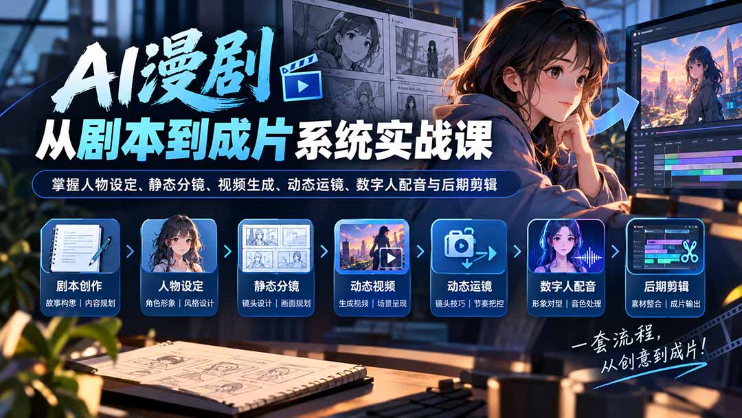 （20375期）AI漫剧从剧本到成片系统实战课：掌握人物设定、静态分镜、视频生成、动态运镜、数字人配音与后期剪辑|无忧资源社