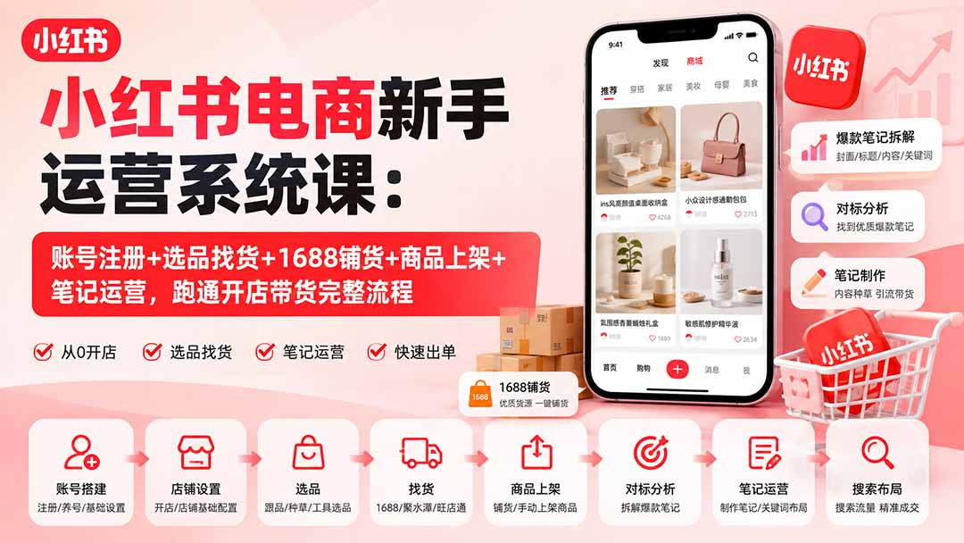 （20319期）小红书电商新手运营系统课：账号注册+选品找货+1688铺货+商品上架+笔记运营，跑通开店带货完整流程|无忧资源社