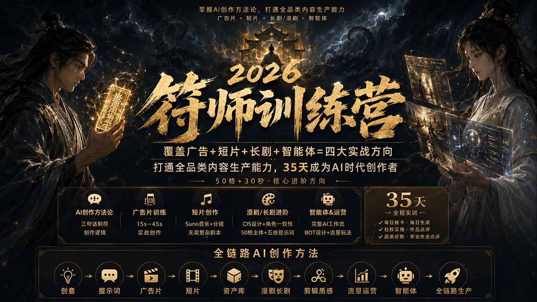 （20180期）符师训练营-35天成为AI时代创作者，广告+短片+漫剧+智能体四大实战方向，掌握从创意到上线的完整工作流|无忧资源社