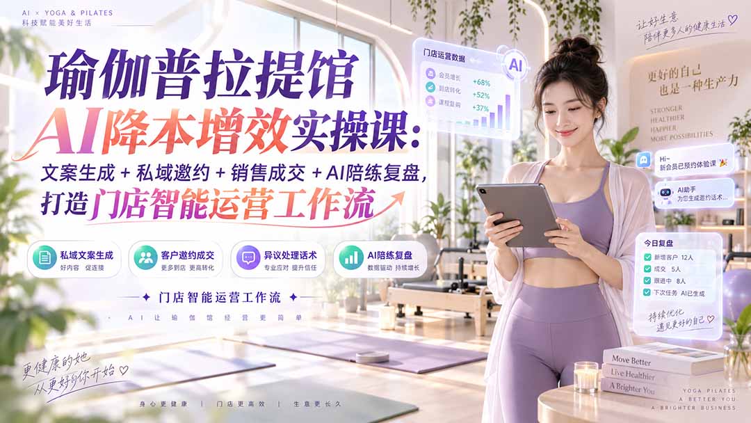 （20340期）瑜伽普拉提馆AI降本增效实操课：文案生成+私域邀约+销售成交+AI陪练复盘，打造门店智能运营工作流|无忧资源社