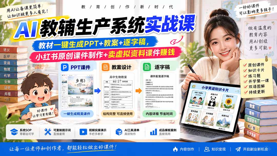 （20542期）AI教辅生产系统实战课｜教材一键生成PPT+教案+逐字稿，小红书原创课件制作+卖虚拟资料课件赚钱|无忧资源社