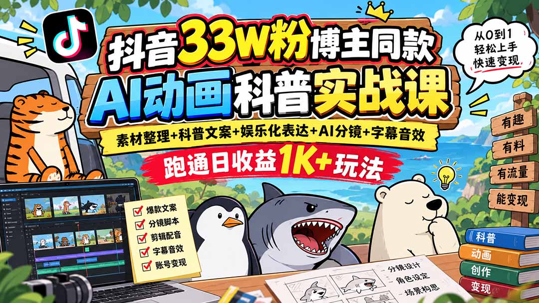 （20510期）抖音33W粉博主同款AI动画科普实战课｜素材整理+科普文案+娱乐化表达+AI分镜+字幕音效，跑通日收益1K+玩法|无忧资源社