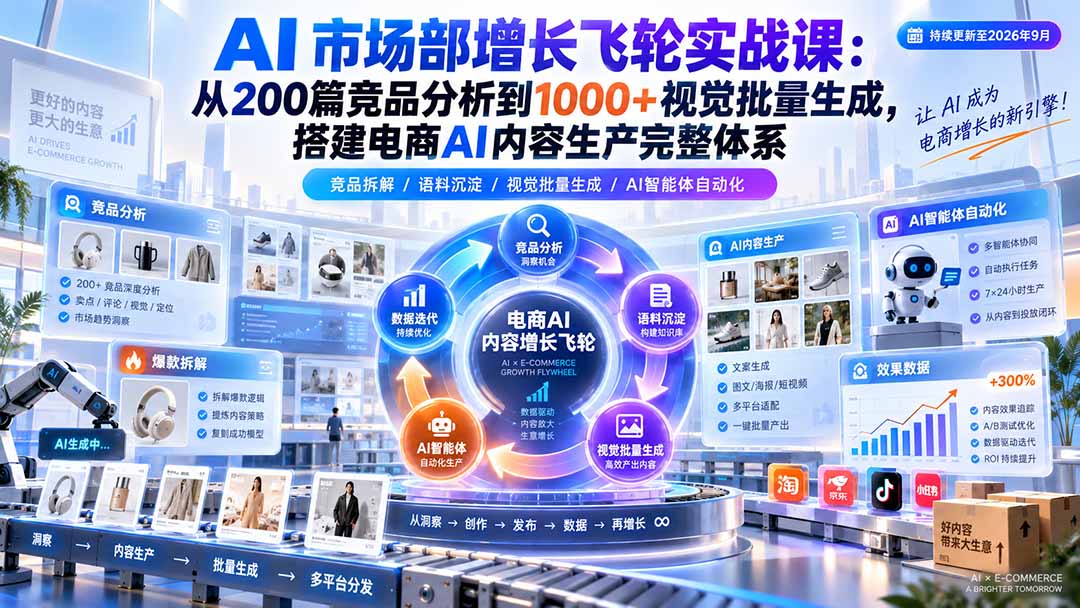 （20436期）AI 市场部增长飞轮实战课：从200篇竞品分析到1000+视觉批量生成，搭建电商AI内容生产完整体系|无忧资源社