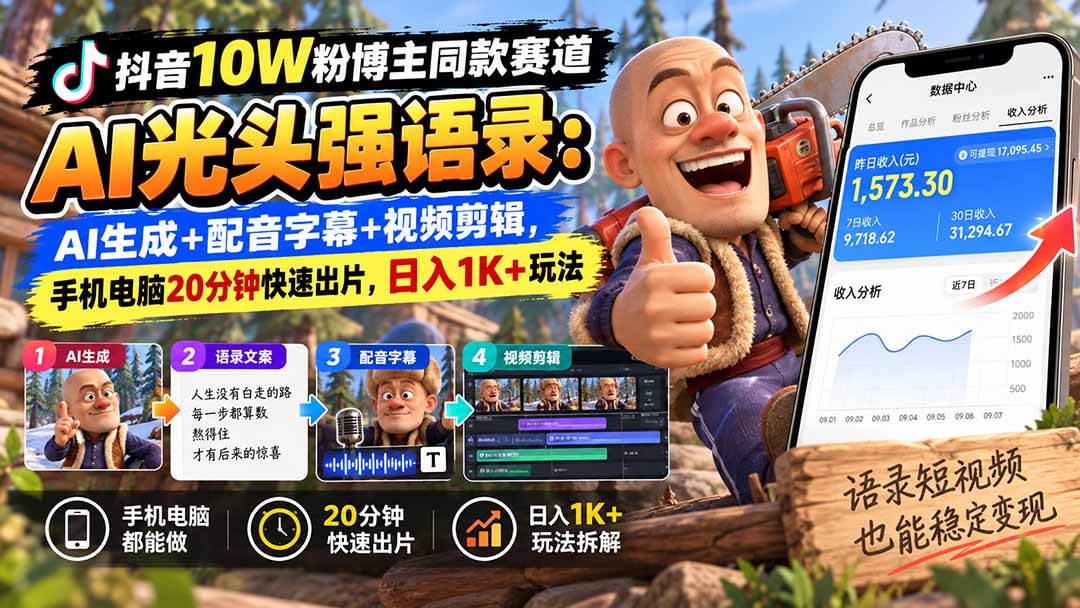 （20687期）【无水印】抖音10W粉博主同款赛道AI光头强语录：AI生成+配音字幕+视频剪辑，手机电脑20分钟快速出片，日入1K+玩法|无忧资源社