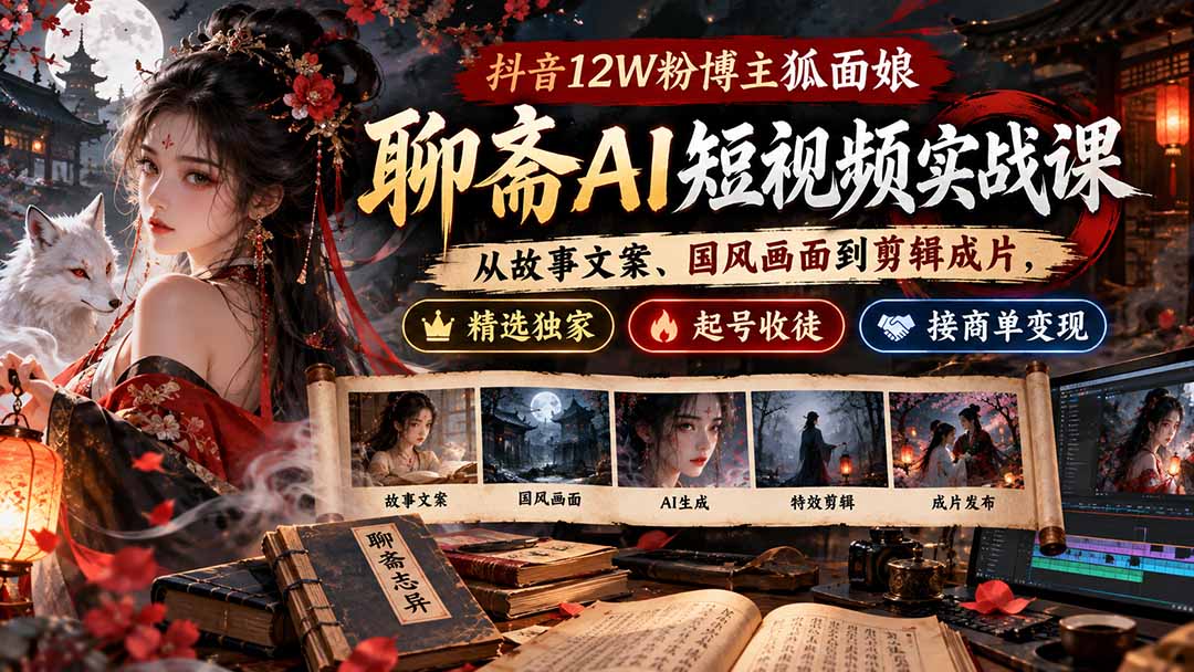 （20639期）抖音12W粉博主狐面娘-聊斋AI短视频实战课：从故事文案、国风画面到剪辑成片，精选独家+起号收徒+接商单变现|无忧资源社