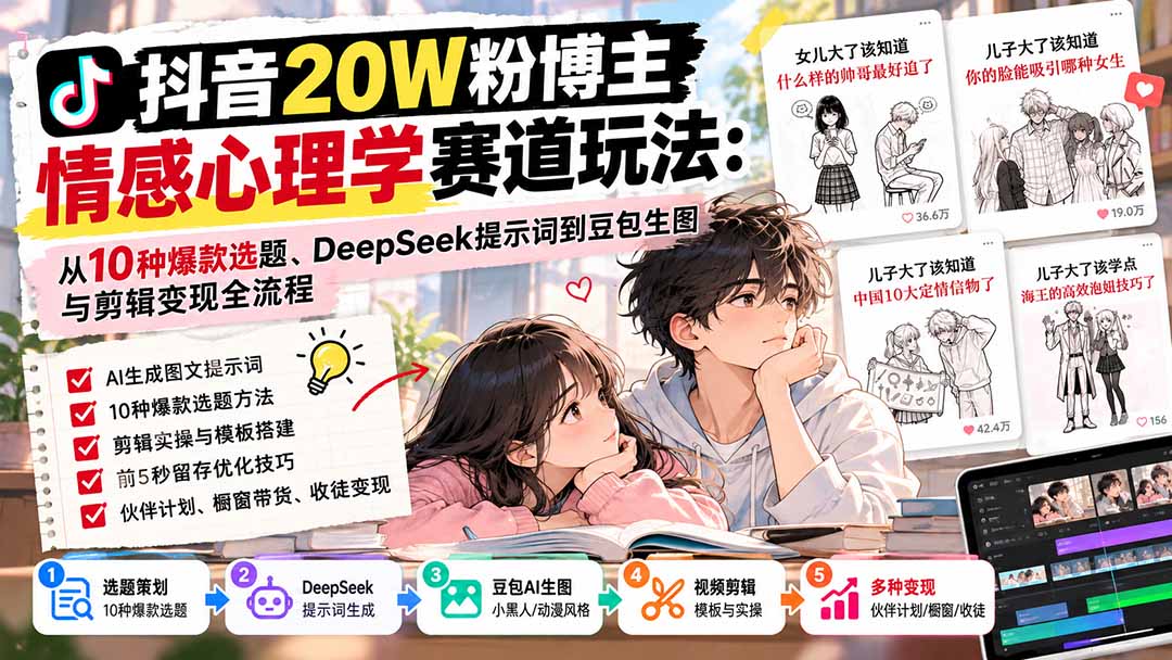 （20688期）抖音20W粉博主-情感心理学赛道玩法：从10种爆款选题、DeepSeek提示词到豆包生图与剪辑变现全流程|无忧资源社