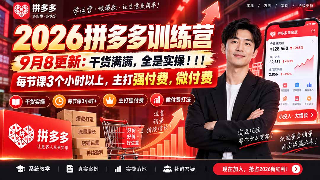（20338期）2026拼多多训练营9月8更新：干货满满，全是实操！！！每节课3个小时以上，主打强付费，微付费|无忧资源社