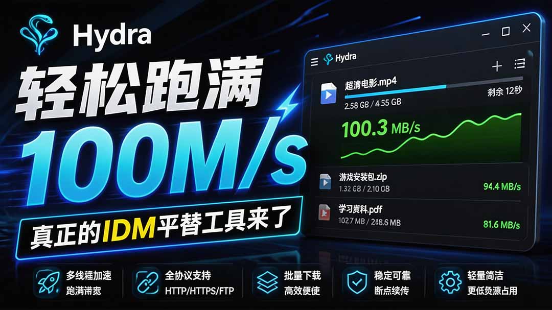 （20350期）轻松跑满100M/s，真正的IDM平替工具来了，开源多线程器，支持浏览器拓展，一键智能加速 Hydra Download Manager|无忧资源社