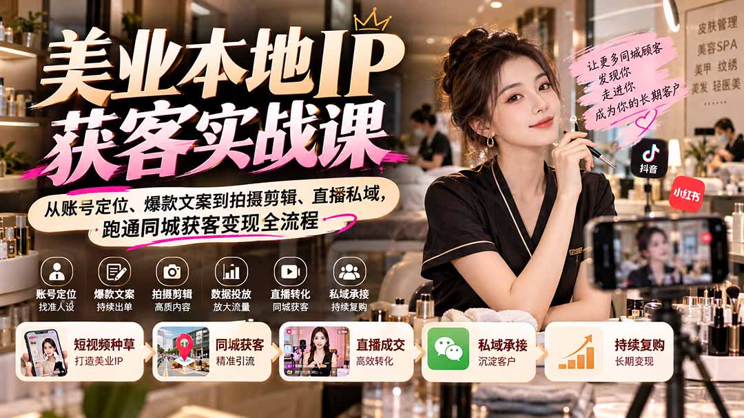 （20640期）【无水印】美业本地IP获客实战课：从账号定位、爆款文案到拍摄剪辑、直播私域，跑通同城获客变现全流程|无忧资源社