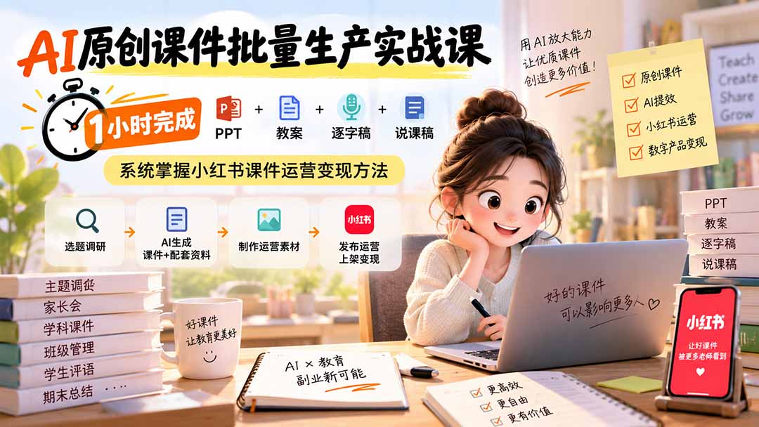 （20351期）AI原创课件批量生产实战课：1小时完成PPT+教案+逐字稿+说课稿，系统掌握小红书课件运营变现方法|无忧资源社