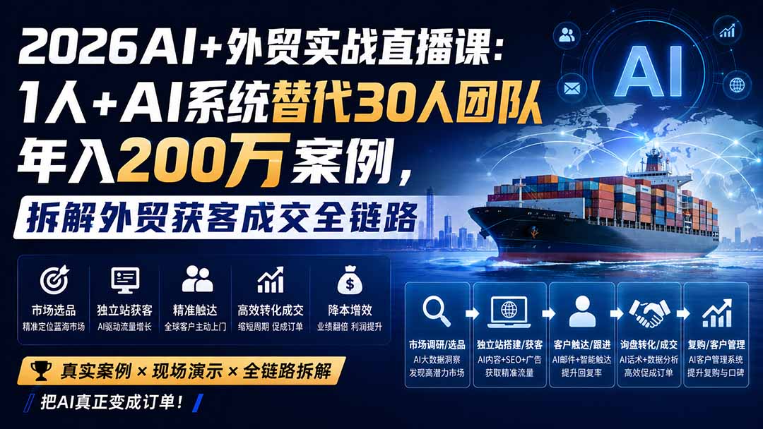 （20196期）2026AI+外贸实战直播课：1人+AI系统替代30人团队年入200万案例，拆解外贸获客成交全链路|无忧资源社