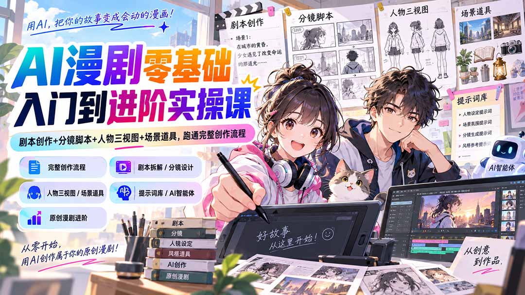 （20352期）AI漫剧零基础入门到进阶实操课：剧本创作+分镜脚本+人物三视图+场景道具，跑通完整创作流程|无忧资源社