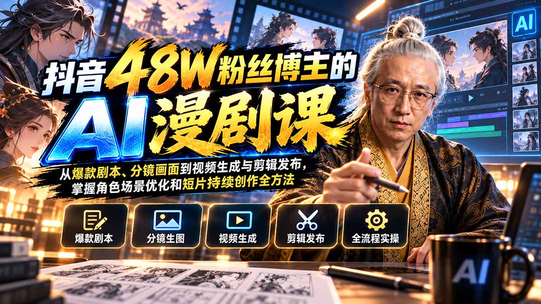 （20353期）抖音48W粉丝博主的AI漫剧课：从爆款剧本、分镜画面到视频生成与剪辑发布，掌握角色场景优化和短片持续创作全方法|无忧资源社