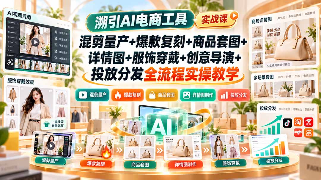 （20724期）溯引AI电商工具实战课：混剪量产+爆款复刻+商品套图+详情图+服饰穿戴+创意导演+投放分发全流程实操教学|无忧资源社