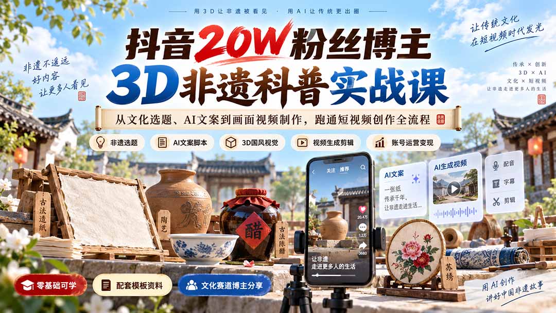 （20356期）抖音20W粉丝博主3D非遗科普实战课：从文化选题、AI文案到画面视频制作，跑通短视频创作全流程|无忧资源社