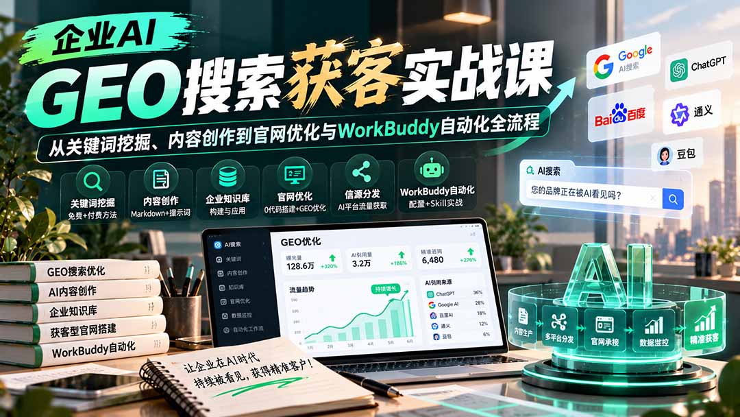 （20643期）企业AI GEO搜索获客实战课：从关键词挖掘、内容创作到官网优化与WorkBuddy自动化全流程|无忧资源社