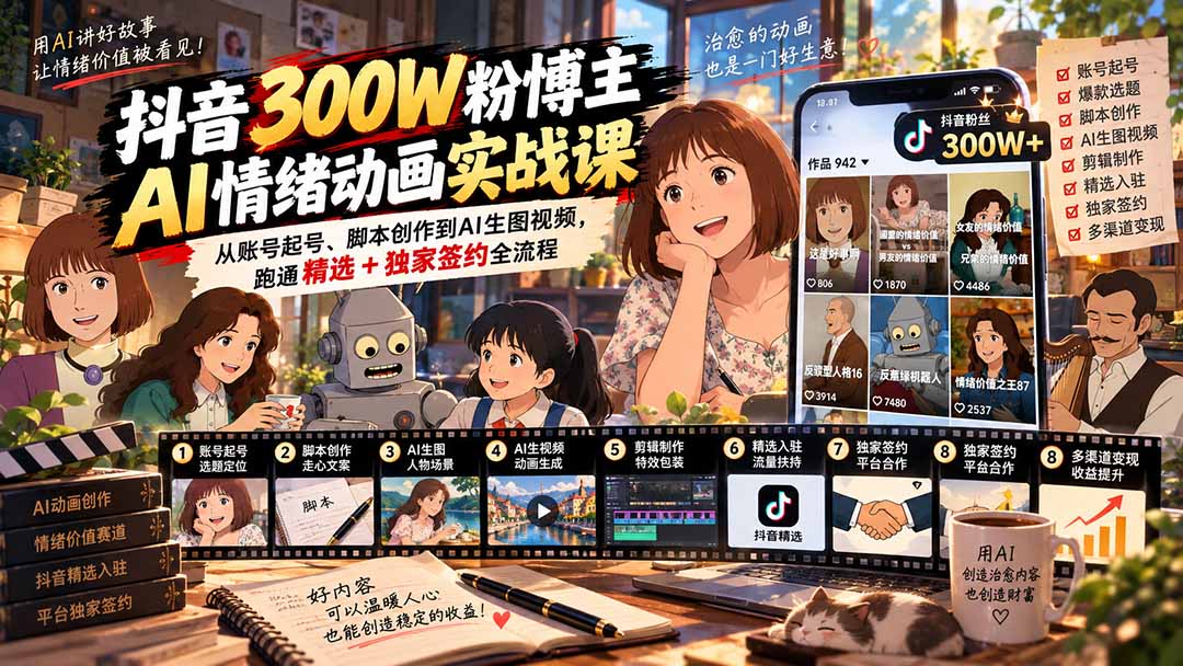 （20616期）抖音300W粉博主AI情绪动画实战课：从账号起号、脚本创作到AI生图视频，跑通精选+独家签约全流程|无忧资源社