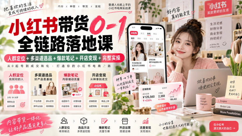 小红书带货0-1全链路落地课｜人群定位+多渠道选品+爆款笔记+开店变现完整实操|无忧资源社