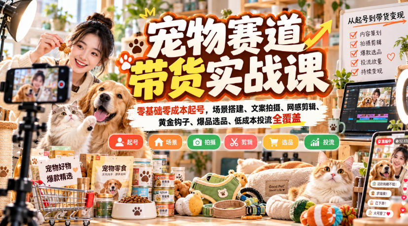 宠物赛道带货实战课，零基础零成本起号，场景搭建、文案拍摄、网感剪辑、黄金钩子、爆品选品、低成本投流全覆盖|无忧资源社