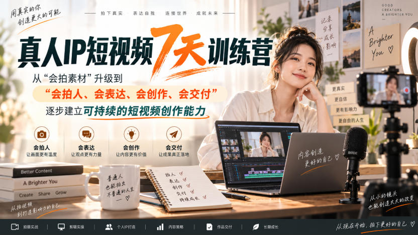 真人IP短视频7天训练营，从“会拍素材”升级到“会拍人、会表达、会创作、会交付”，逐步建立可持续的短视频创作能力|无忧资源社