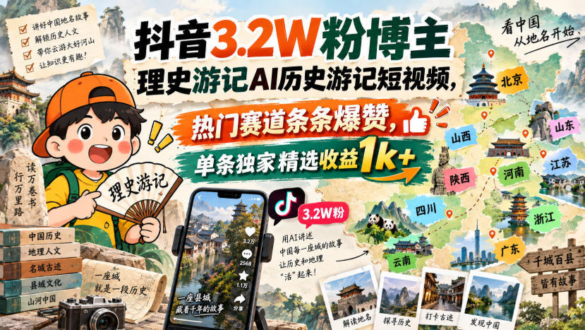 抖音3.2W粉博主理史游记AI历史游记短视频教学,热门赛道条条爆赞,单条独家精选收益1k+|无忧资源社