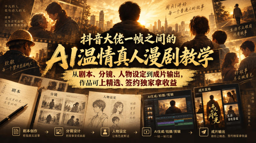 抖音大佬一帧之间的AI温情真人漫剧教学，从剧本、分镜、人物设定到成片输出，作品可上精选、签约独家拿收益|无忧资源社
