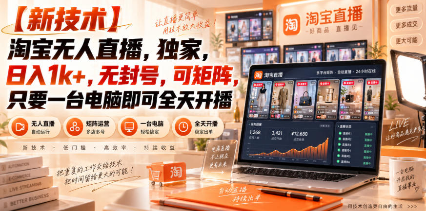 【独家新技术】淘宝无人直播,日入1k+,无封号,可矩阵,只要一台电脑即可全天开播【揭秘】|无忧资源社